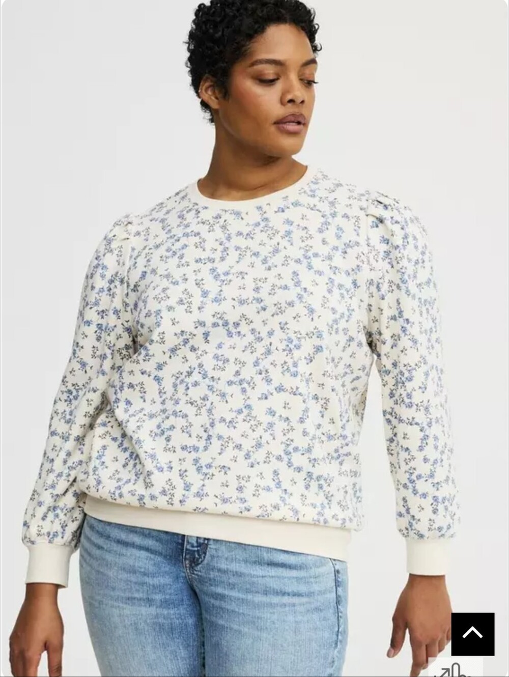Torrid Cream Crewneck Sweater with Blue Floral Print